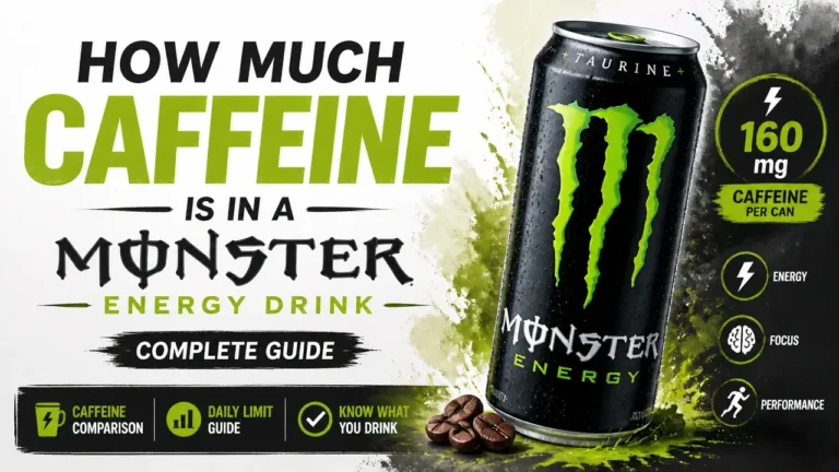 A stylized 3D rendered graphic showing the caffeine content levels in a Monster Energy drink can.