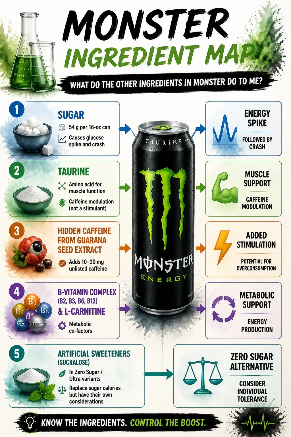An infographic showing the health effects of Monster energy drink ingredients including sugar, taurine, guarana, and B-vitamins.