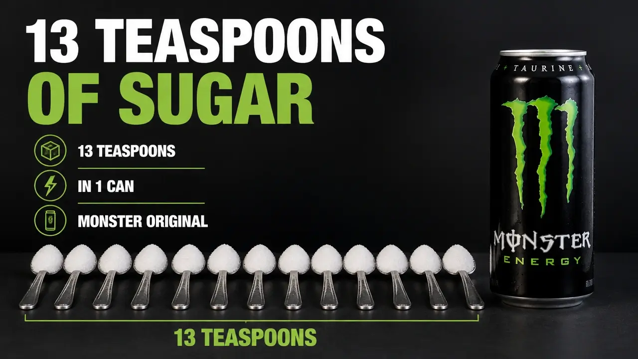 Thirteen teaspoons of sugar beside a can of Monster Original drink