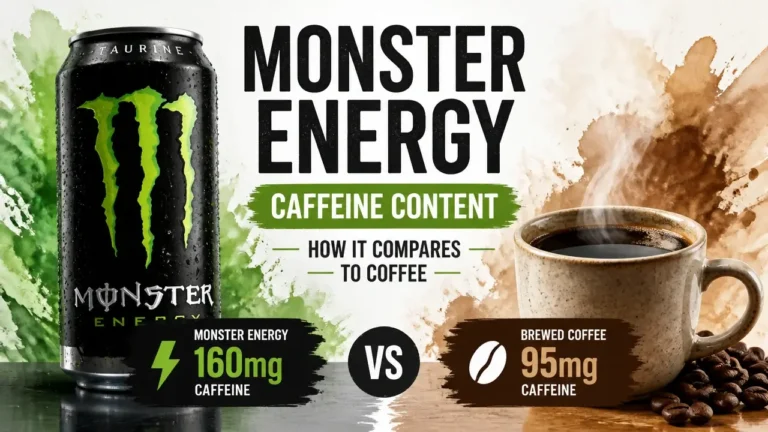 A hyper-realistic 3D rendering comparing a Monster Energy can and a coffee cup with watercolor textures, highlighting caffeine levels.