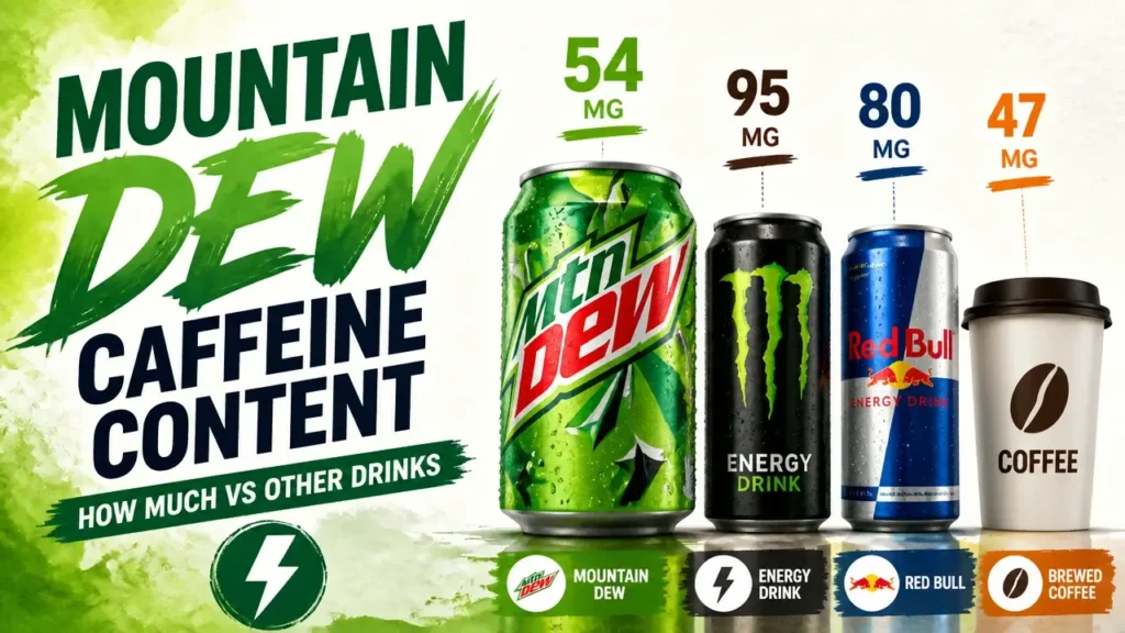 Infographic showing a 3D rendered Mountain Dew can and coffee cup comparing caffeine levels in a stylish watercolor art design.