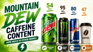 Mountain Dew Caffeine Content: How Much Vs Other Drinks 4 Infographic showing a 3D rendered Mountain Dew can and coffee cup comparing caffeine levels in a stylish watercolor art design.