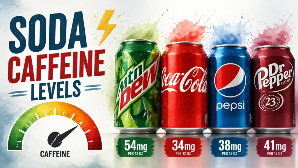 A stylized 3D infographic comparing caffeine levels in Mountain Dew, Coke, Pepsi, and Dr Pepper with a watercolor texture.