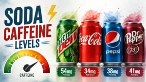 Mức độ caffeine của Soda được so sánh: Mountain Dew so với Coke so với Pepsi so với Dr Pepper 10 Đồ họa thông tin 3D cách điệu so sánh hàm lượng caffeine trong Mountain Dew, Coke, Pepsi và Dr Pepper với kết cấu màu nước.
