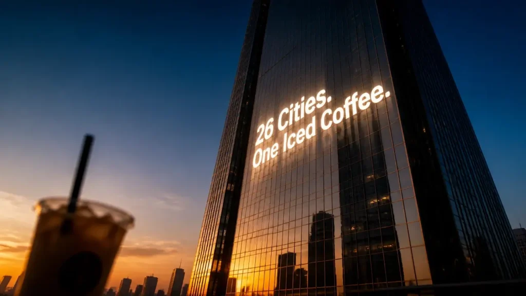 Projected typography '26 Cities. One Iced Coffee.' on modern building facade at dusk with blurred coffee cup silhouette