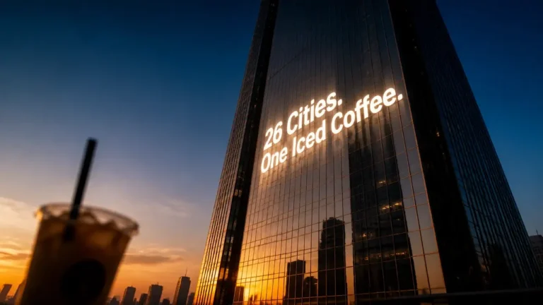 Projected typography '26 Cities. One Iced Coffee.' on modern building facade at dusk with blurred coffee cup silhouette