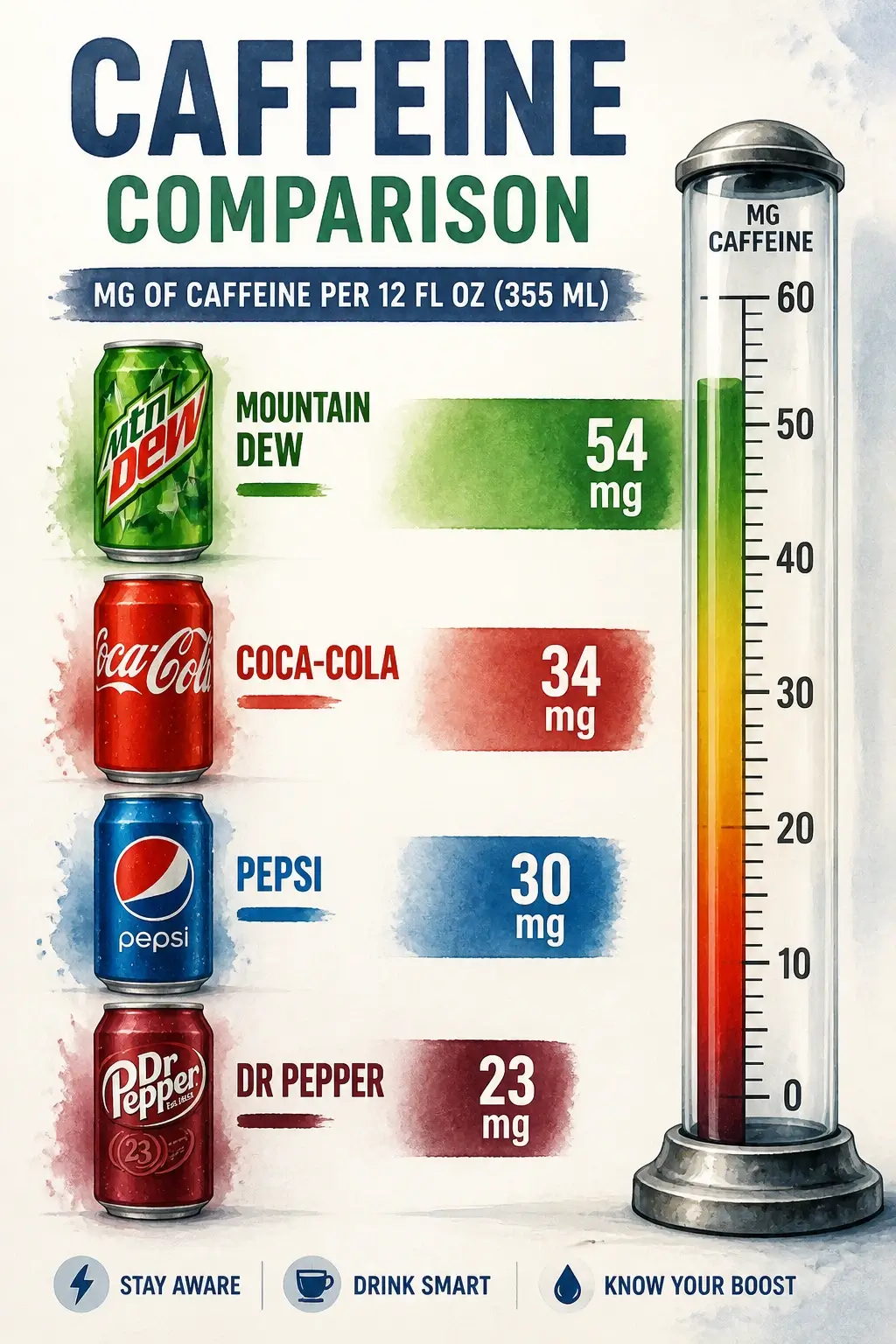 An infographic showing Pepsi caffeine levels compared to other sodas in a 3D watercolor style