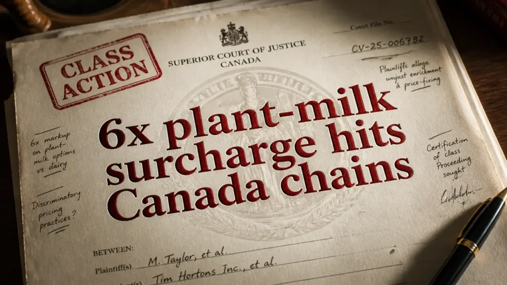 Aged legal document with red CLASS ACTION stamp and embossed headline about plant-milk surcharge lawsuit against coffee chains