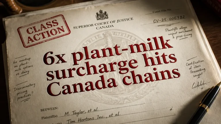 Aged legal document with red CLASS ACTION stamp and embossed headline about plant-milk surcharge lawsuit against coffee chains