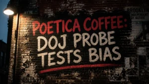 Chalk-painted headline about Poetica Coffee DOJ probe on weathered Brooklyn brick wall at dusk.