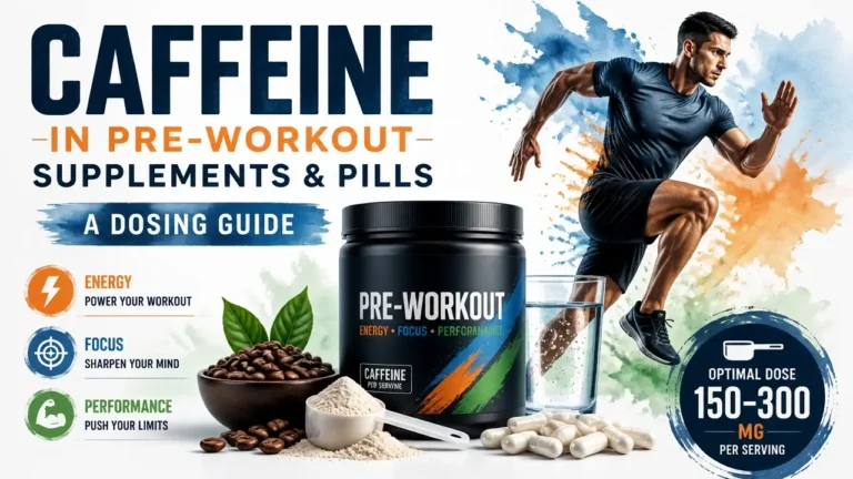 Professional 3D render infographic showing pre-workout caffeine dosage levels for fitness performance.