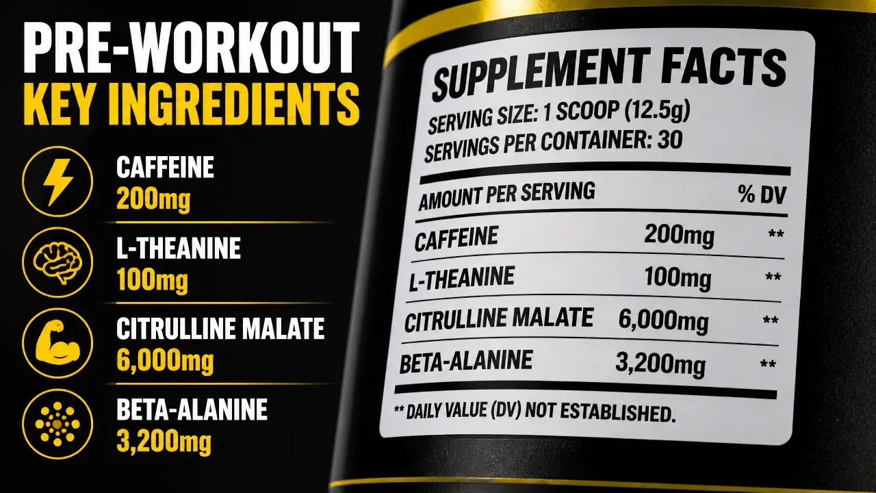 Close up view of pre workout supplement label showing caffeine and citrulline dosage