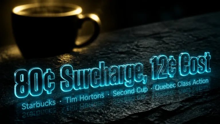Glowing 3D typography '80¢ Surcharge, 12¢ Cost' on dark slate with coffee cup silhouette, representing Quebec plant-based milk surcharge lawsuit.