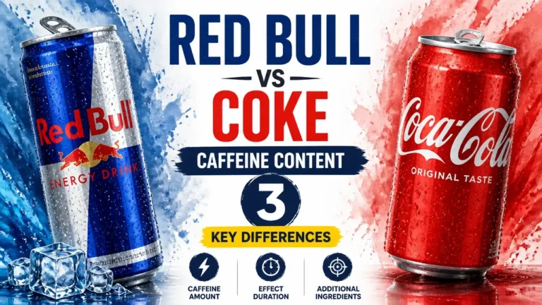 A side-by-side comparison of Red Bull and Coca-Cola highlighting caffeine content differences in a professional 3D infographic style.