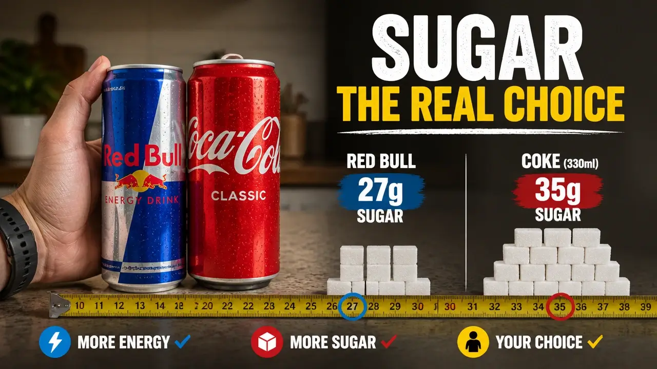 Hand holding Red Bull and Coke cans with sugar cubes for metabolic health comparison.