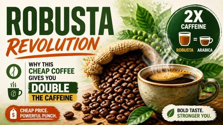 Hyper-realistic 3D rendering of Robusta coffee beans showcasing high caffeine content compared to Arabica.