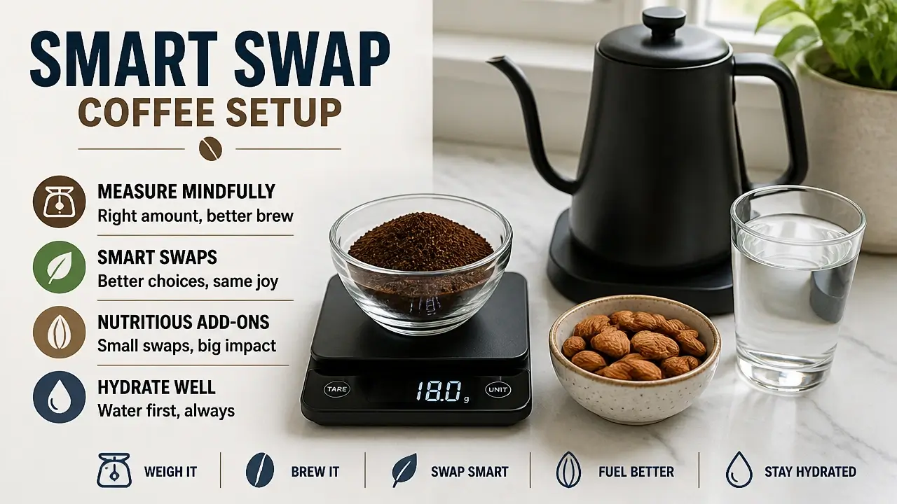 Coffee brewing setup with almonds and water for balanced energy