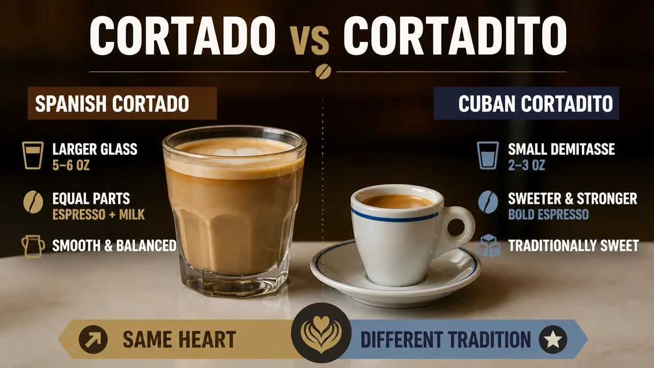 Side by side comparison of Spanish cortado in clear glass and sweet Cuban cortadito in small demitasse
