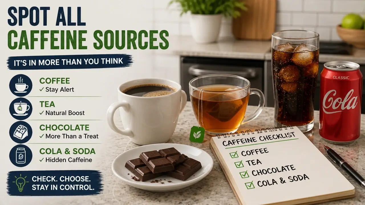 Assorted caffeine products including coffee tea chocolate and cola on a kitchen counter with a checklist