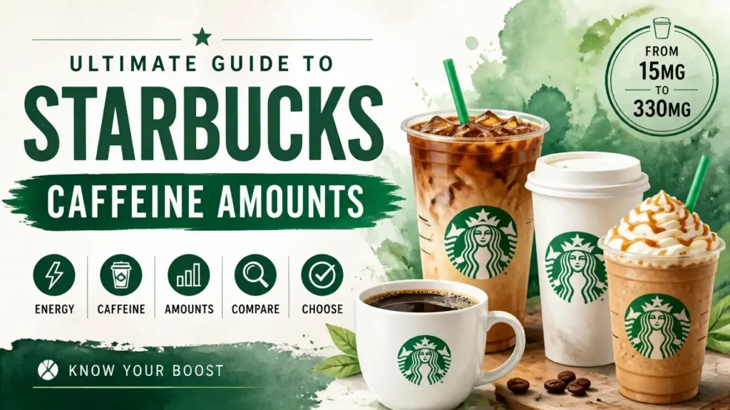 A hyper-realistic 3D rendering with watercolor textures displaying an infographic of Starbucks caffeine amounts in various coffee drinks.