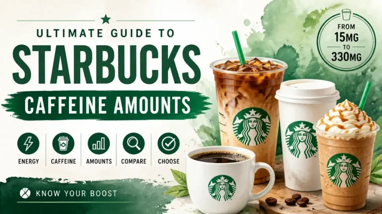Starbucks Caffeine Amounts Decoded: Every Drink, Every Size, Every Customization 4 A hyper-realistic 3D rendering with watercolor textures displaying an infographic of Starbucks caffeine amounts in various coffee drinks.