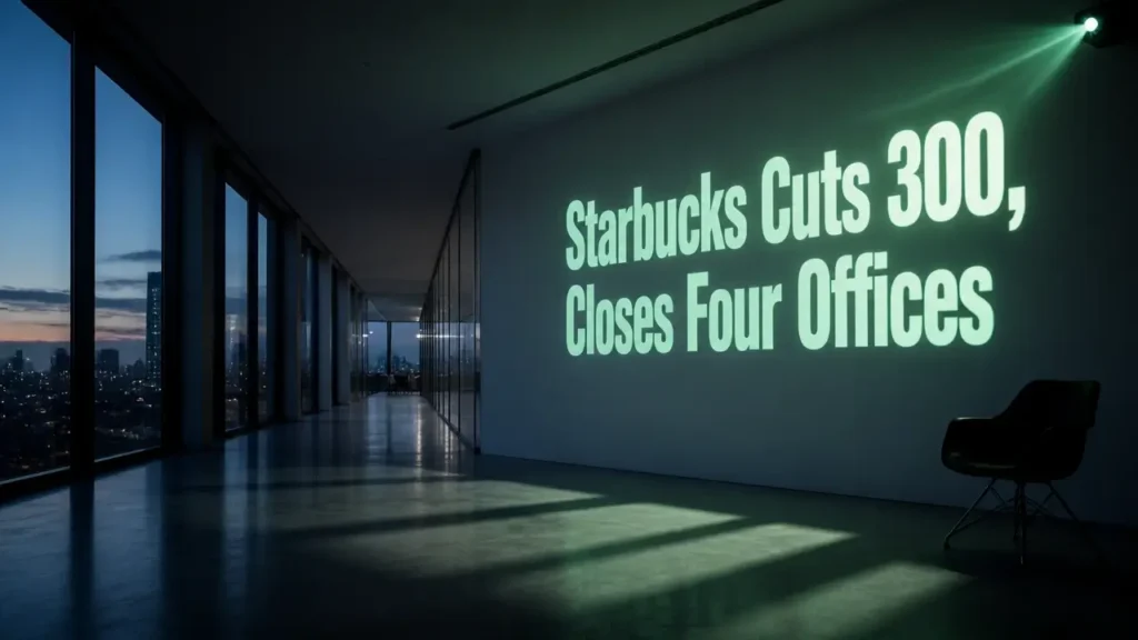 Starbucks corporate restructuring reshapes support roles 12 Projected green text 'Starbucks Cuts 300, Closes Four Offices' in an empty corporate hallway at dusk illustrating Starbucks corporate restructuring