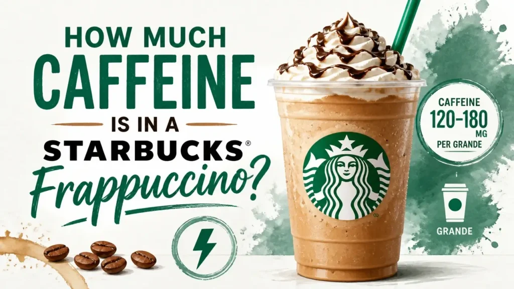 A stylized 3D render of a Starbucks Frappuccino showing clear caffeine content levels.