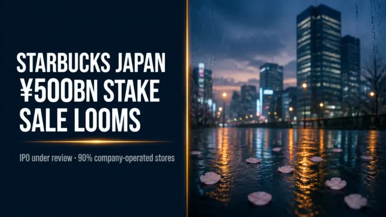 Split composition with bold white typography 'Starbucks Japan ¥500bn stake sale looms' on navy left panel and moody Tokyo cityscape at dusk on right panel