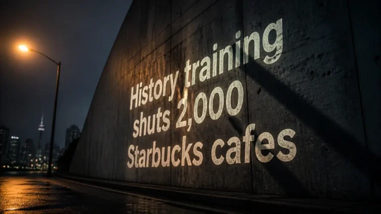 Projected text on concrete wall reading 'History Training Shuts 2,000 Starbucks Cafes' in empty Seoul street at dusk