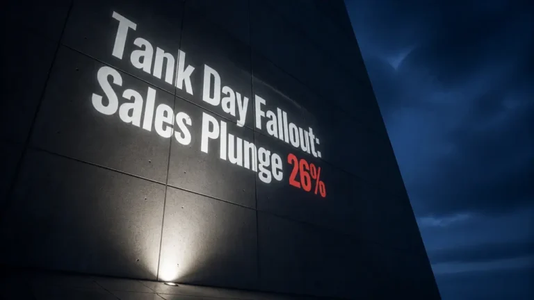 Projected headline 'Tank Day Fallout: Sales Plunge 26%' on a dark concrete wall, shadows, cooling tones, symbolizing Starbucks Korea controversy