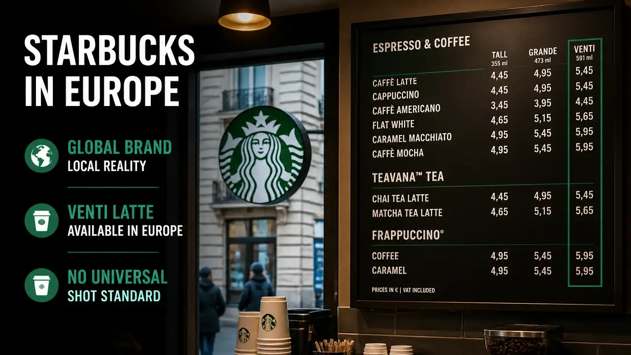 Starbucks menu board showing Venti latte size in a European cafe