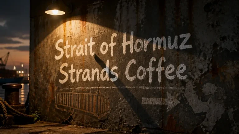 Chalked headline 'Strait of Hormuz Strands Coffee' on a weathered industrial wall with rust stains and shadowy dockyard background.