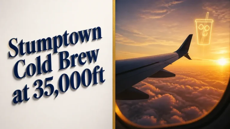 Split composition with bold typography reading Stumptown Cold Brew at 35,000ft and an atmospheric airplane wing silhouette at sunset
