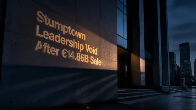 Projected typography reading 'Stumptown Leadership Void After €14.86B Sale' on a dark corporate building facade at twilight with dramatic shadows