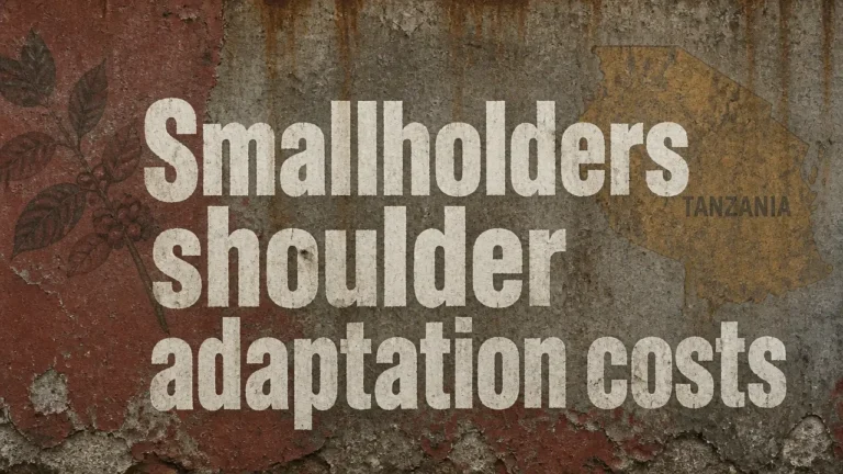 Weathered concrete wall with hand-painted text about smallholders bearing adaptation costs, with faint coffee branch silhouette, illustrating Tanzania coffee value chain article.