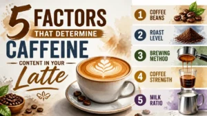 A stylized 3D infographic illustration showing the top factors affecting caffeine content in a latte.