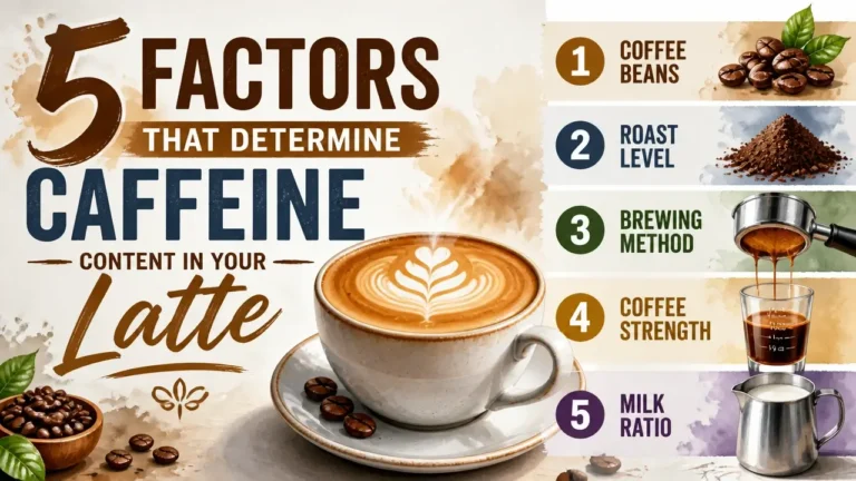 5 Factors That Determine Caffeine Content in Your Latte 3 A stylized 3D infographic illustration showing the top factors affecting caffeine content in a latte.