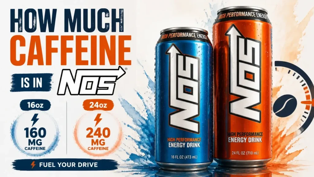 Hyper-realistic 3D render of NOS energy drink cans with infographic text highlighting top NOS caffeine facts.