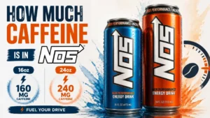How Much Caffeine Is in NOS Energy Drink? The 16oz and 24oz Numbers Every Gamer Should Know 8 Hyper-realistic 3D render of NOS energy drink cans with infographic text highlighting top NOS caffeine facts.