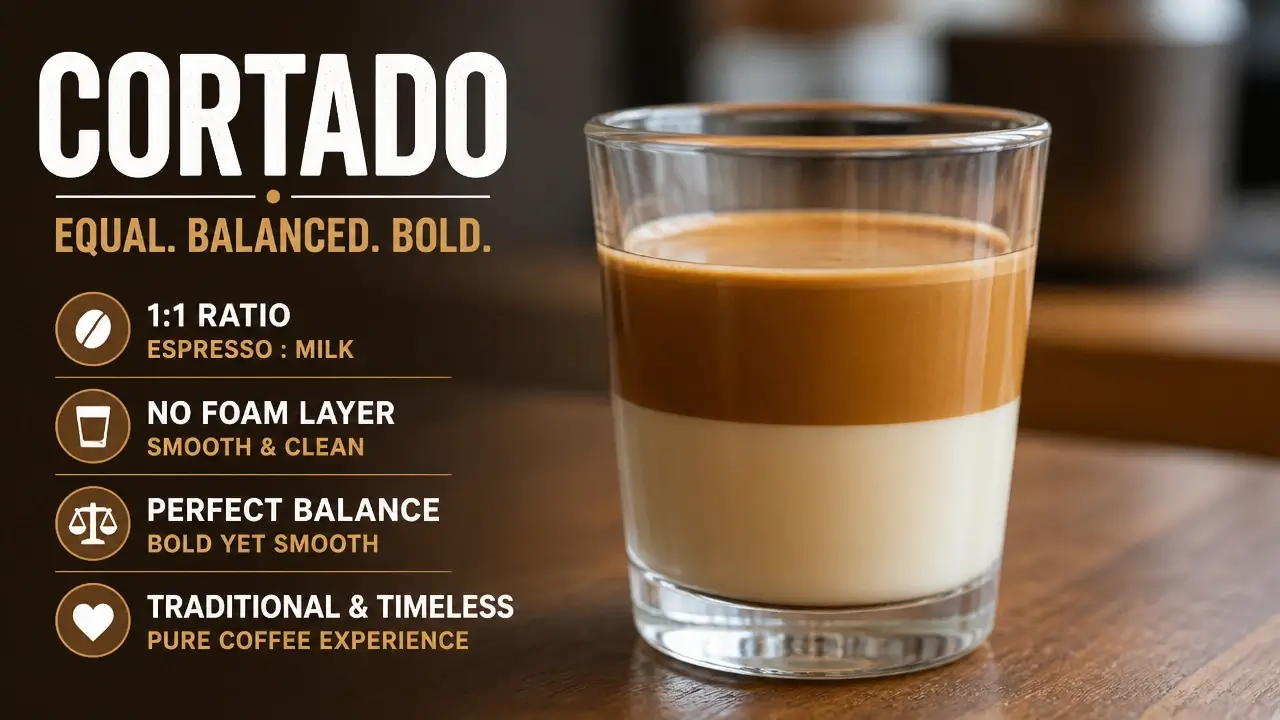 A clear glass of traditional cortado showing balanced espresso and steamed milk ratio