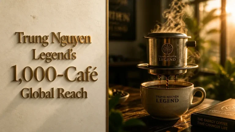 Split composition with bold bronze typography 'Trung Nguyen Legend's 1,000-Café Global Reach' beside a warm golden-hour coffee phin drip scene