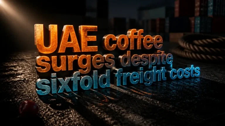 Glowing 3D typography reading 'UAE coffee surges despite sixfold freight costs' on dark textured surface with port silhouettes