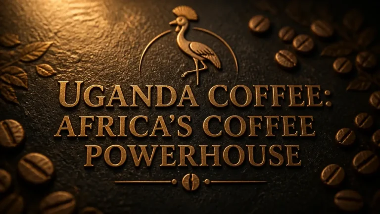 Bronze embossed Uganda Coffee brand typography on dark stone with crested crane and coffee bean silhouettes