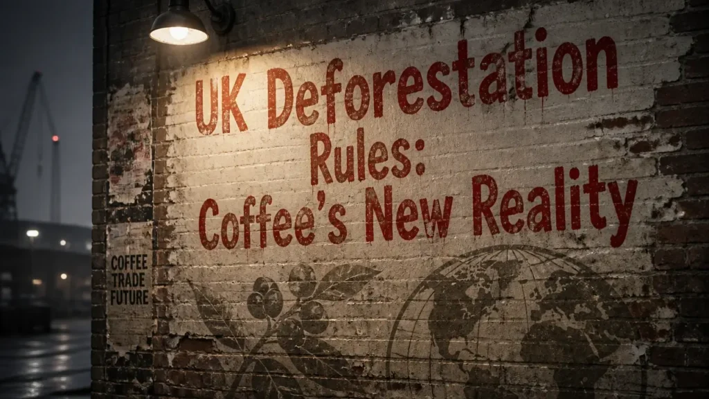 Chalk text on weathered wall reading UK deforestation rules reshaping coffee supply chains with faint coffee and globe graffiti