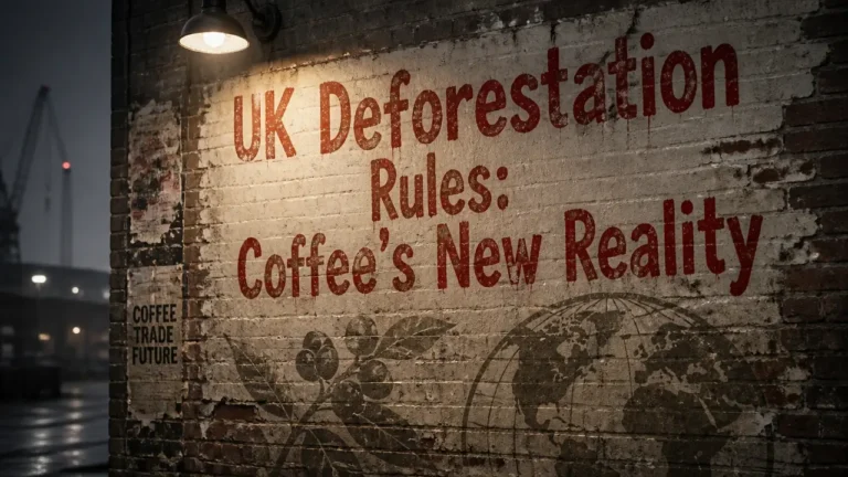Chalk text on weathered wall reading UK deforestation rules reshaping coffee supply chains with faint coffee and globe graffiti