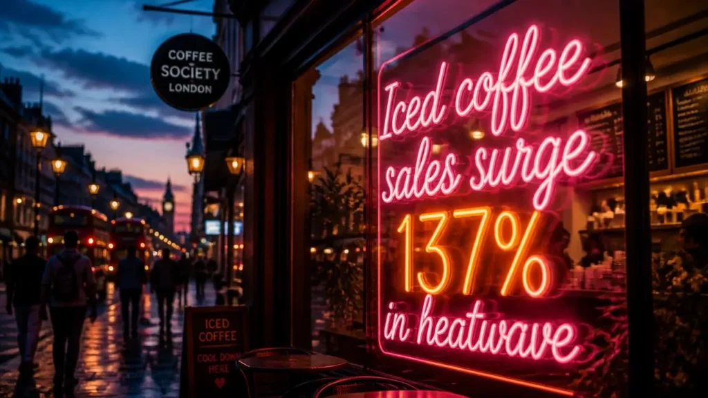 Neon sign reading Iced Coffee Sales Surge 137% glowing above a London street at dusk, reflecting on wet pavement, warm summer evening atmosphere.