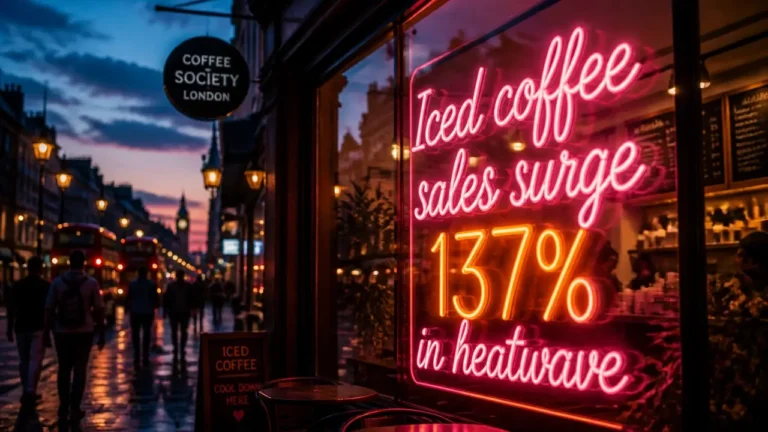 Neon sign reading Iced Coffee Sales Surge 137% glowing above a London street at dusk, reflecting on wet pavement, warm summer evening atmosphere.
