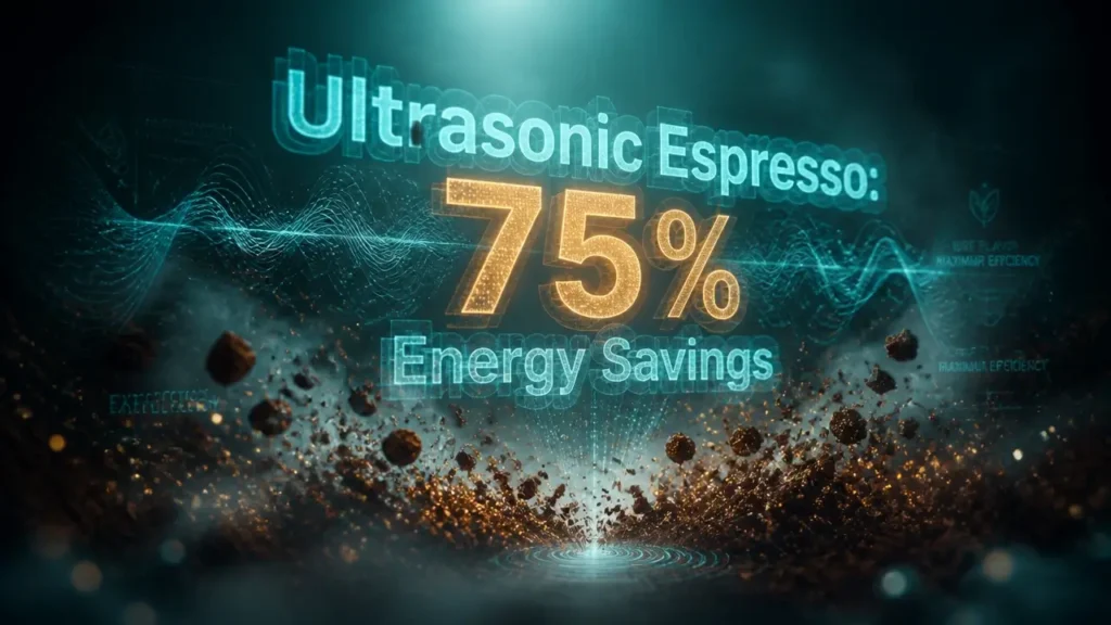Glowing holographic text 'Ultrasonic Espresso: 75% Energy Savings' floating in dark misty atmosphere with abstract coffee particles