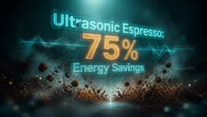 Glowing holographic text 'Ultrasonic Espresso: 75% Energy Savings' floating in dark misty atmosphere with abstract coffee particles