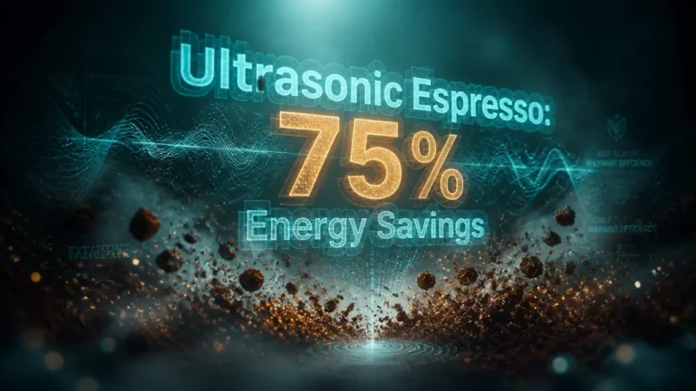 Glowing holographic text 'Ultrasonic Espresso: 75% Energy Savings' floating in dark misty atmosphere with abstract coffee particles
